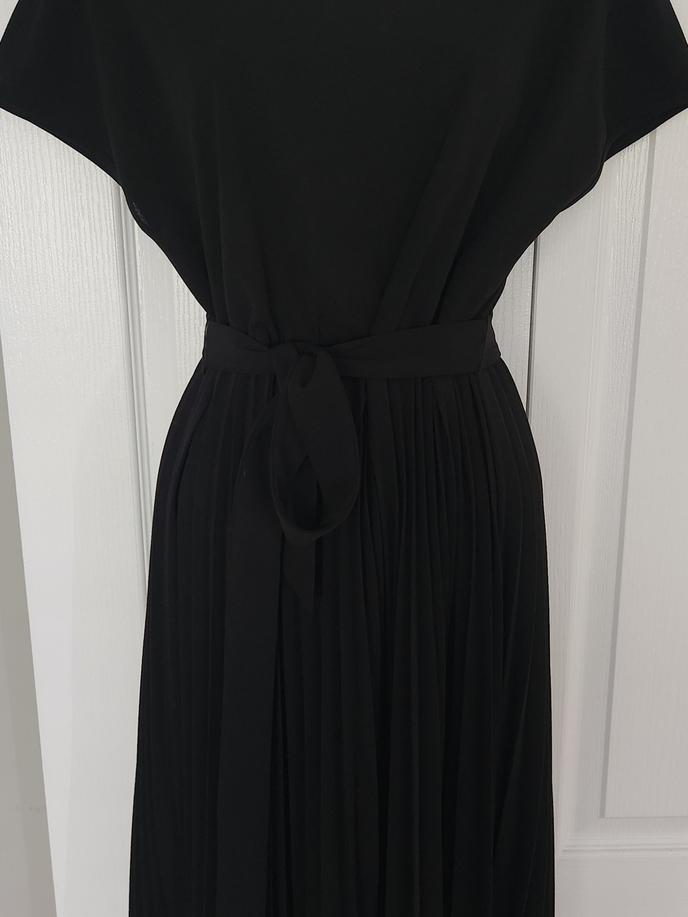 Black Pleated Maxi Dress with Waist Tie